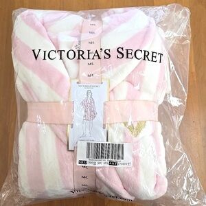 Victoria's Secret Plush Short Robe Pink Heritage Stripe M/L -New